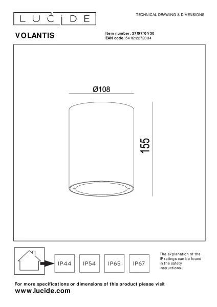 Lucide VOLANTIS - Foco de techo Dentro/Fuera - Ø 10,8 cm - 1xE27 - IP54 - Negro - técnico